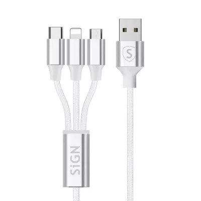 SiGN 3-i-1-kabel 0,25m, Lightning, USB-C, Micro-USB 5V, 3A - Vit