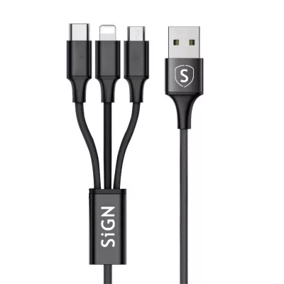 SiGN 3-i-1-kabel 0,25m, Lightning, USB-C, Micro-USB 2.4A, 12W - Svart