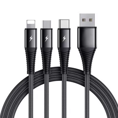 SiGN 3-i-1-kabel Lightning, USB-C, Micro-USB, 3A, 1,2 m - Svart