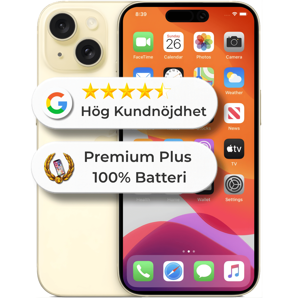 iPhone 15 128GB 100% batterihälsa gul